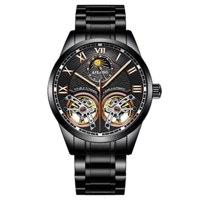 AILANG Double Tourbillon Design Business Men Mechanical Watch Fashion Leather Moon Phase Automatic Watches for Men Reloj Hombre