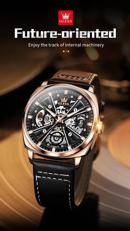 OLEVS 6685 Men's Watches Mechanical Wristwatch 30m Waterproof Luminous Leather Strap Original Man Watch