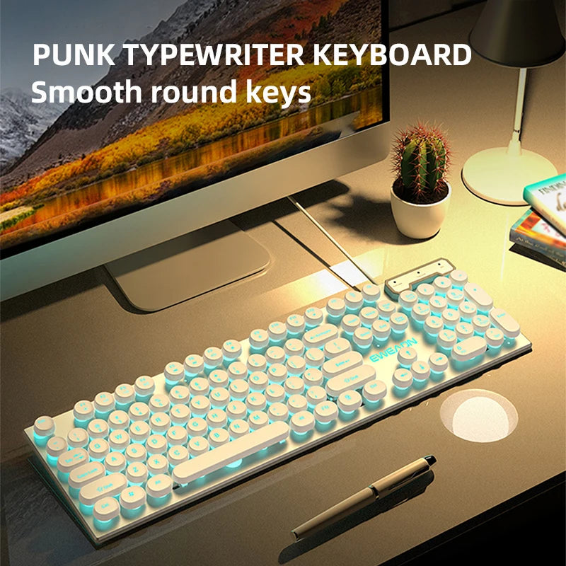 EWEADN GX330 Typewriter Gaming Keyboard, 104 Keys Wired Round Keycaps with Blue Backlit USB Wired Computer External Keyboards