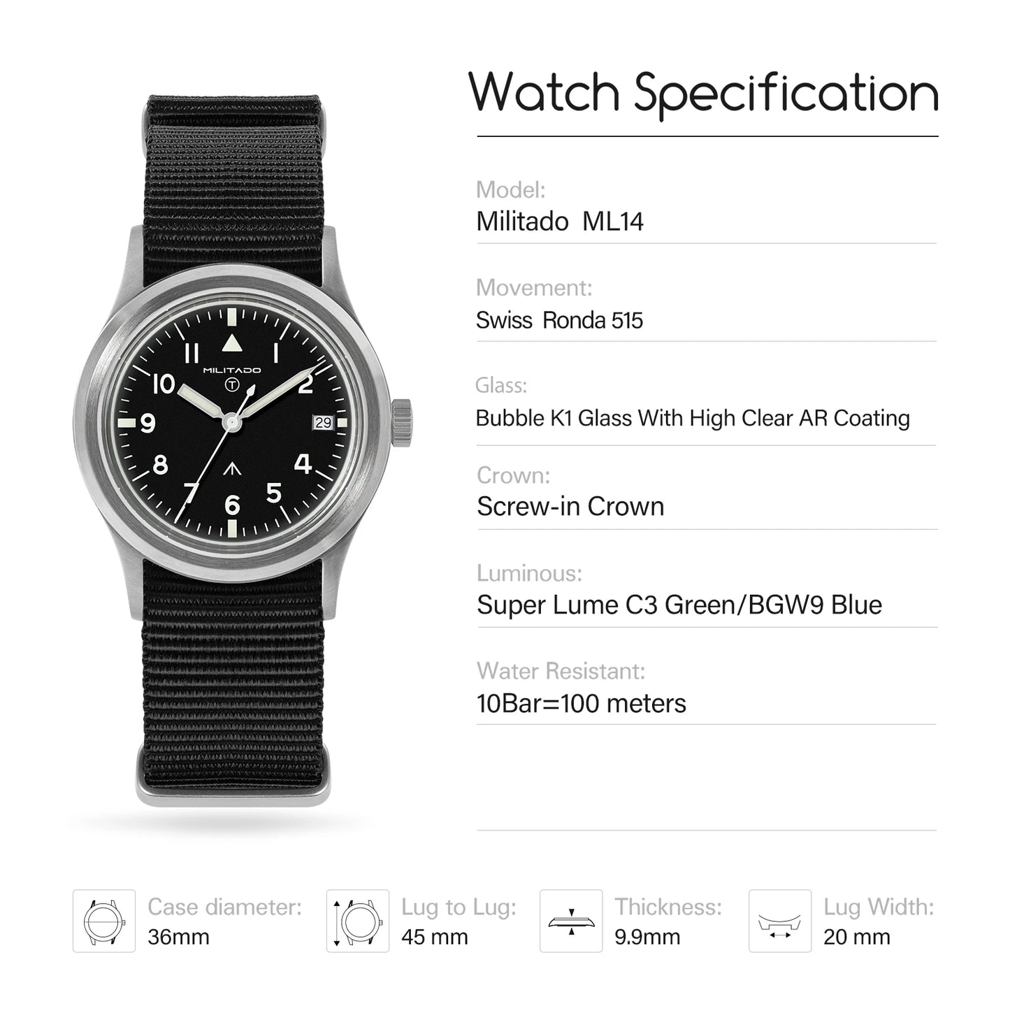 Militado ML14 Quartz Watch Cream Dial VH31/VH65 Sweep Movement Bubble K1/ Sapphire Luminous 36Mm Vintage Watches 100M Waterproof