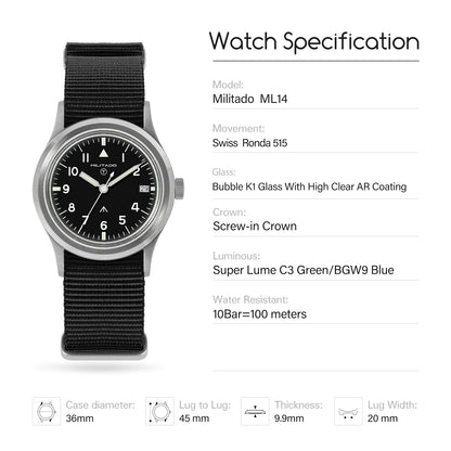 Militado ML14 Quartz Watch Cream Dial VH31/VH65 Sweep Movement Bubble K1/ Sapphire Luminous 36Mm Vintage Watches 100M Waterproof