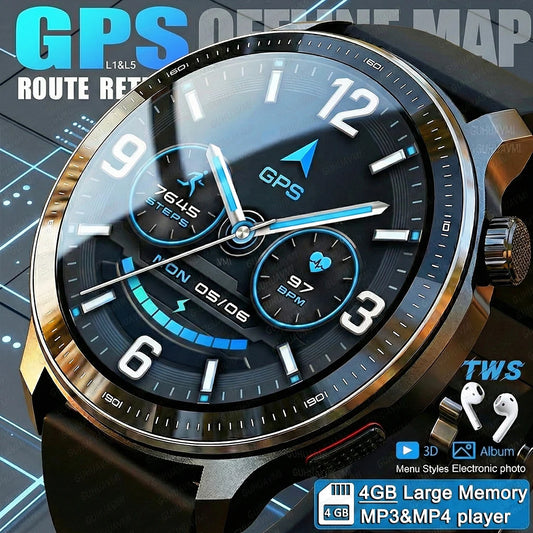 New GPS Offline Maps Smart Watch Men Memory 3D Menu Styles TWS MP3&MP4 Player 1.43"AMOLED Compass Sport Swim Waterproof Bracelet