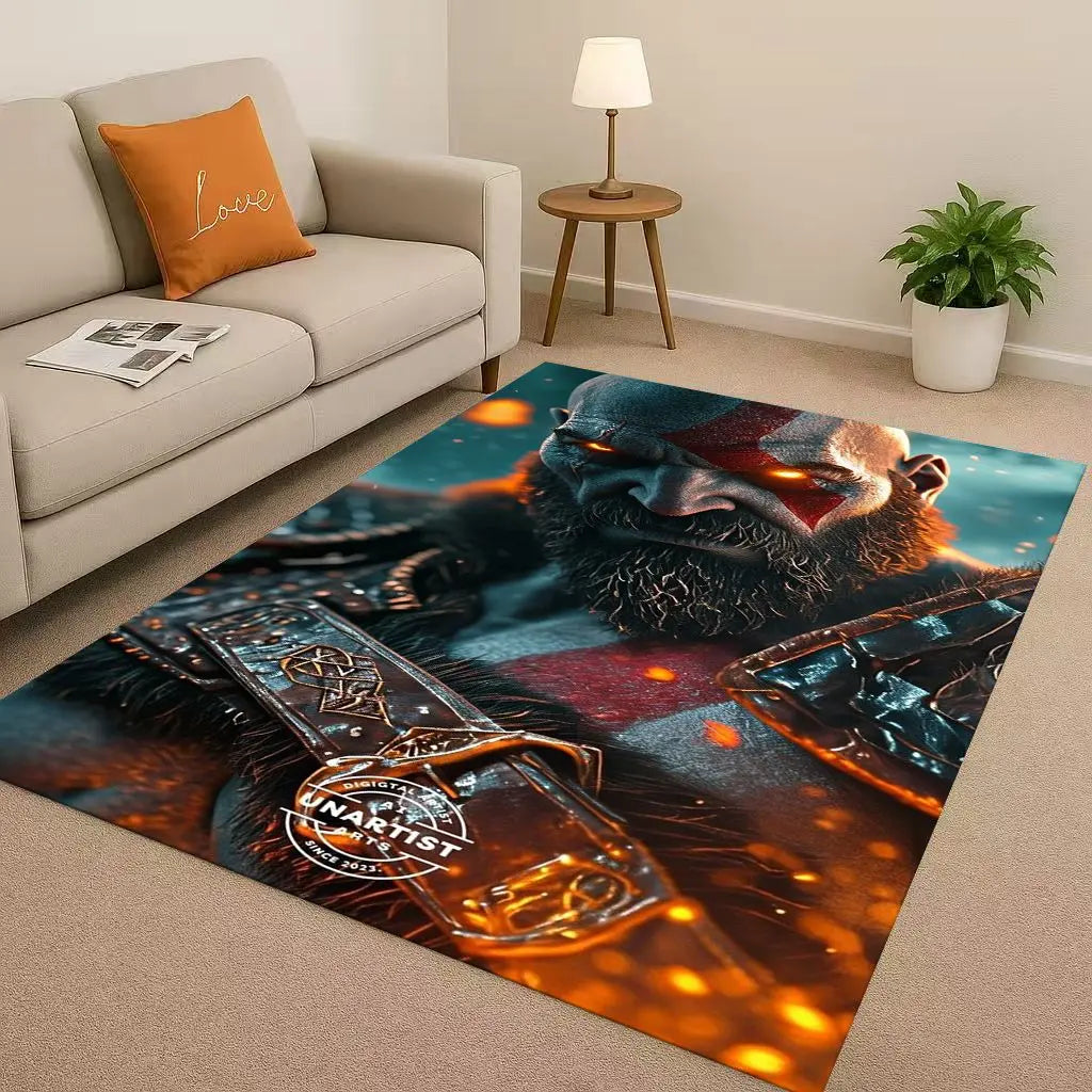 Game God of War Kratos Cartoon Gamer Living Room Non-Slip Area Rug Soft Carpet for Bedroom Playroom Sofa,Easy Clean Home Doormat