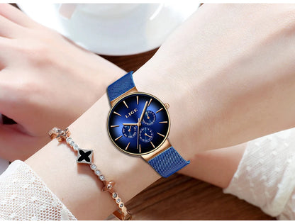 Montre pour femme LIGE, élégante et tendance – Style sport-décontracté, bracelet en maille, mouvement à quartz, affichage de la date et du jour, étanche.