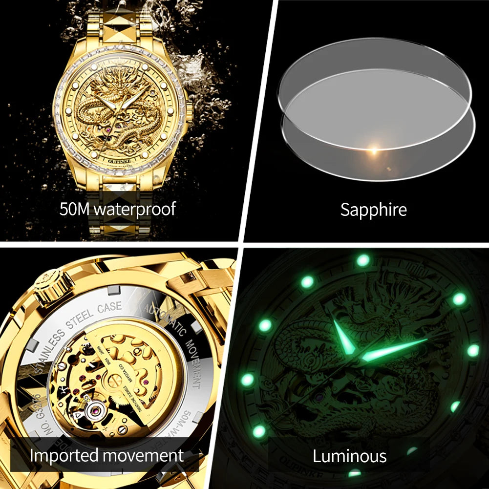 OUPINKE Orologio da uomo Top Brand di lusso in oro e acciaio al tungsteno, orologio da polso meccanico automatico originale con quadrante con motivo drago