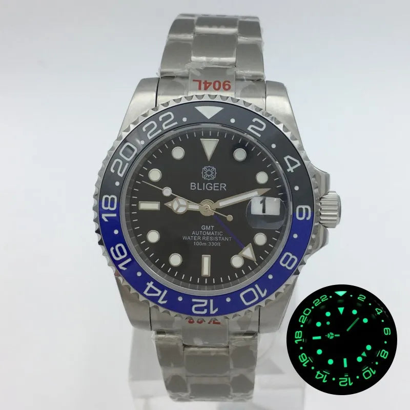 BLIGER 40mm NH34 GMT Watch For Men Mechanical Wristwatch Luminous Bezel Sapphire Glass Stainless Steel Bracelet Men's Watch