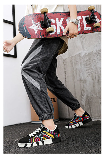 YRZL Sapatilhas de corrida desportivas para homem em lona, estilo geométrico, com atacadores, sapatilhas de casal com estampado graffiti moderno, sapatos de skate para homem