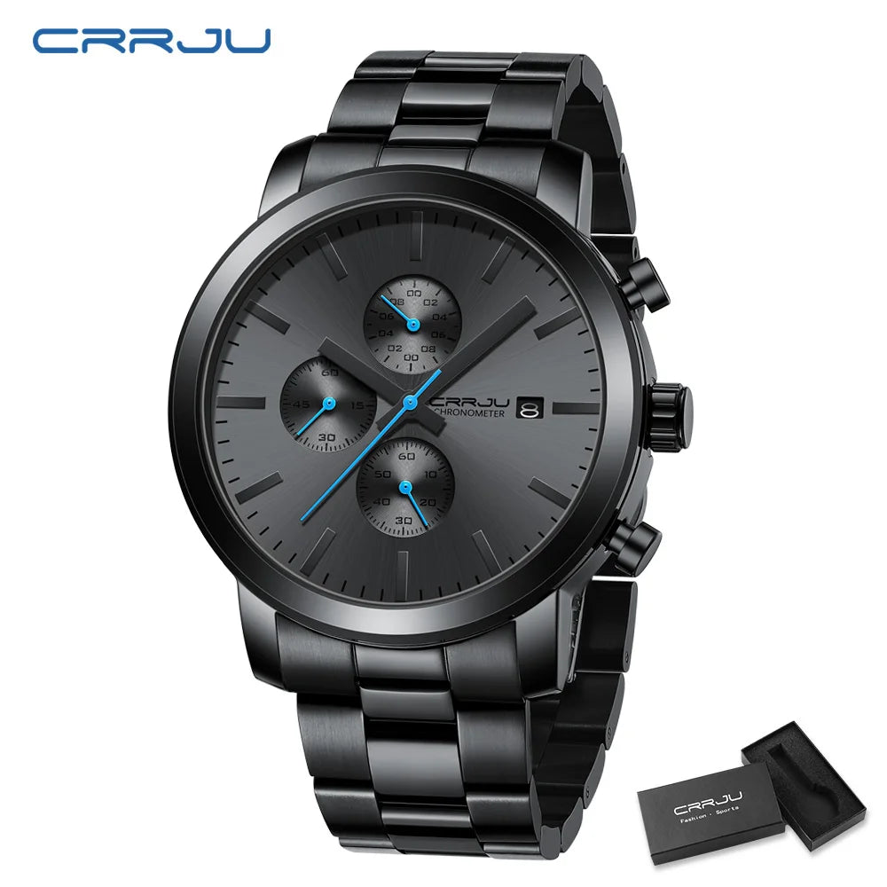 Montre pour homme CRRJU – Chronographe en acier inoxydable, étanche, avec affichage de la date, mouvement à quartz analogique, style élégant et professionnel