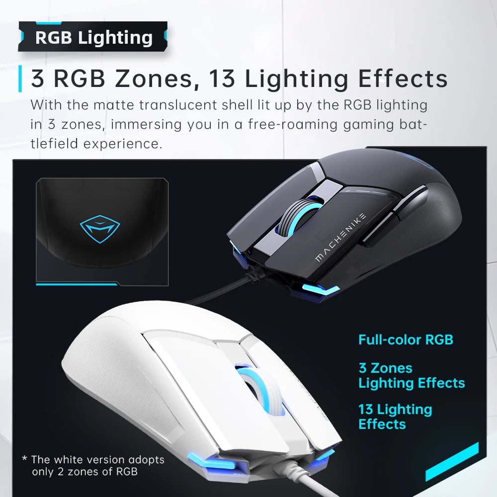 Mouse gaming cablato Machenike M7Pro USB Instant A825 12800DPI 1000Hz 7 pulsanti 65g RGB per laptop e PC