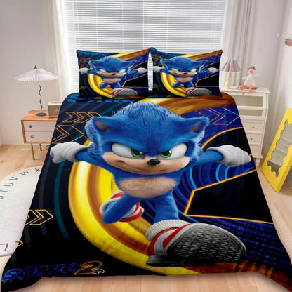 Conjunto de capa de edredão Sonic de 2/3 peças para crianças, conjunto de roupa de cama com capa de edredão para decoração de quarto, adolescentes e presentes para crianças, cama individual ou de casal