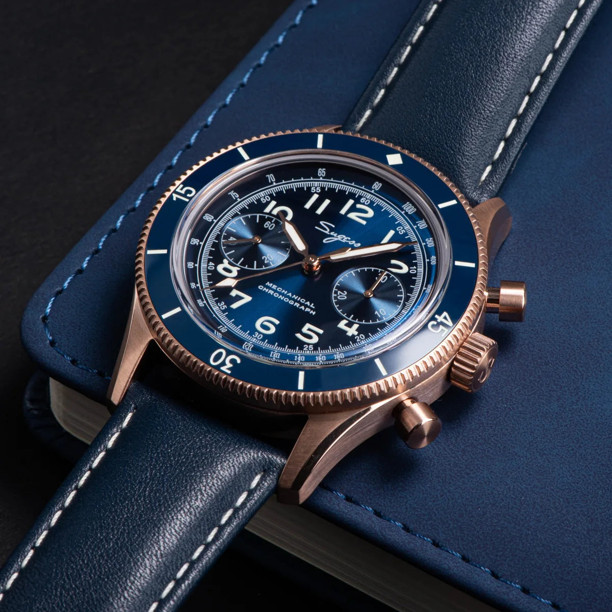 Sugess Pilot Watch Handwind Chronograph Mechanical Wristwatches Luminous Skeleton Men Watches Crystal Sapphire Leather New 2022