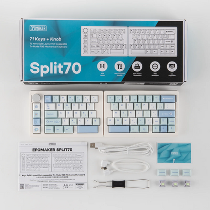Teclado mecánico inalámbrico EPOMAKER Split70 QMK/VIA 70% con diseño dividido, conexión cableada/BT/2.4Ghz y perilla programable, modificador Mac
