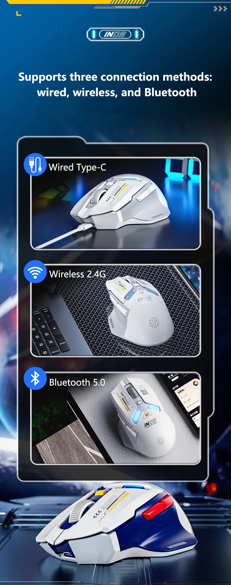 INPHIC IN9 Upgraded Wireless Gaming Mouse High DPI Tri-mode 2.4G Bluetooth Type-C Wired RGB Light Macro Programmable Mice for PC