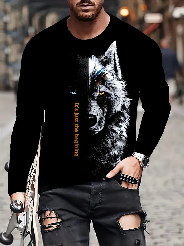 T-shirt de manga comprida para homem com novo estampado de lobo 2024, camisa casual diária de primavera e outono, moda streetwear masculina