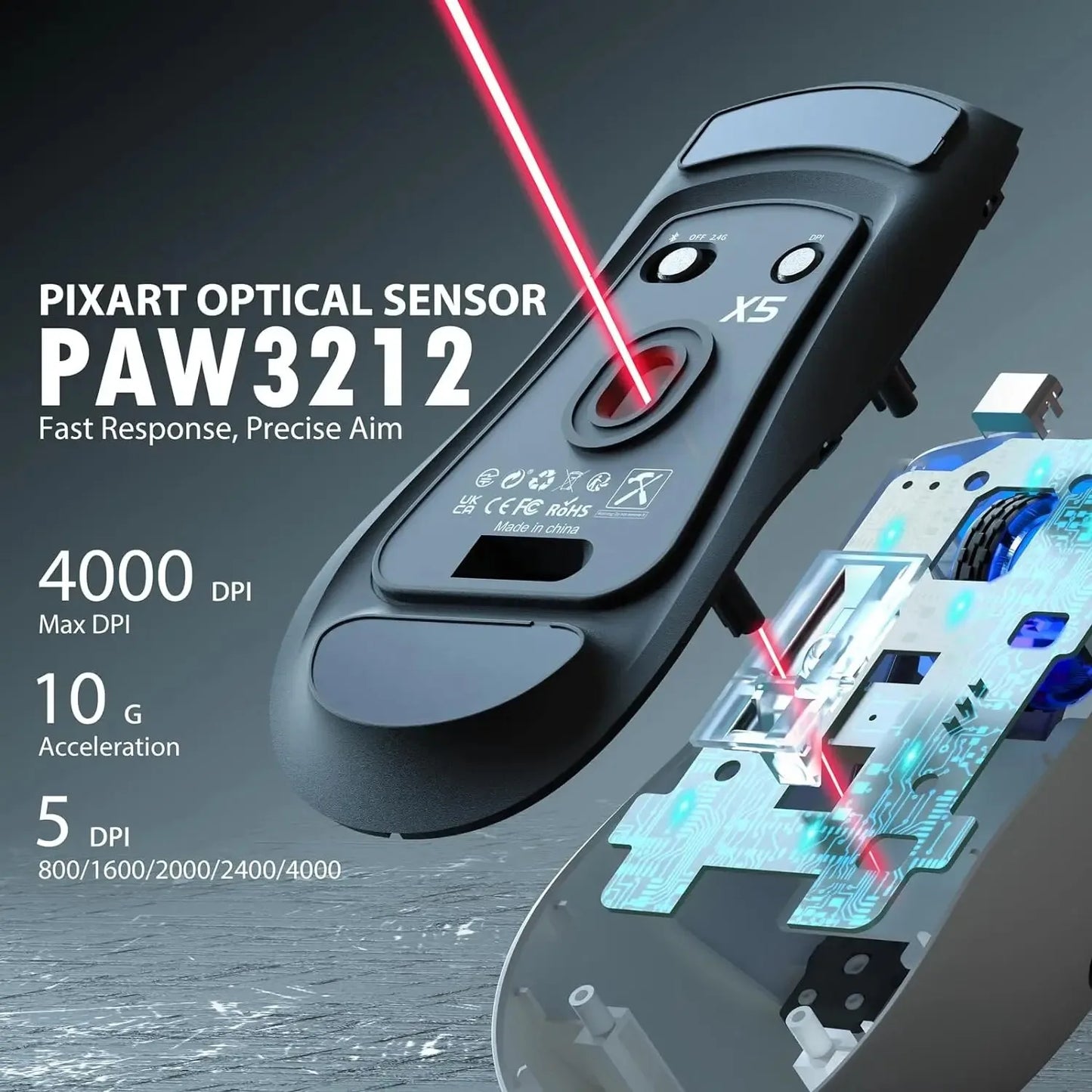 Rato Gaming Sem Fios ATTACK SHARK X5 49g, Bluetooth Tri-Mode, Sensor Ótico PixArt para PC/MAC/Windows