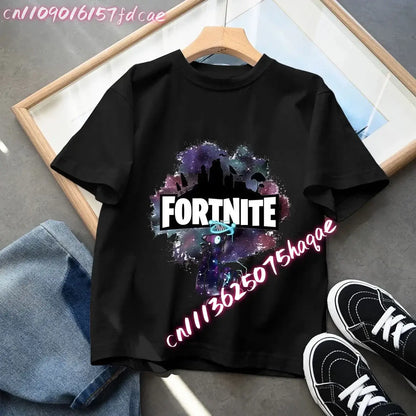 Fortnites Kids Black Cotton T-Shirt Fortress Night Baby Short Sleeve Tees Shirt Cartoon Boy Girl Summer Clothes Kawaii Tops Gift