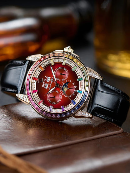 OBLVLO Men Automatic Watch 40mm Mechanical Wristwatch 5ATM Luminous Crystal Bezel Year,Month,Week,Date,24 Hours TY1655 Mov.