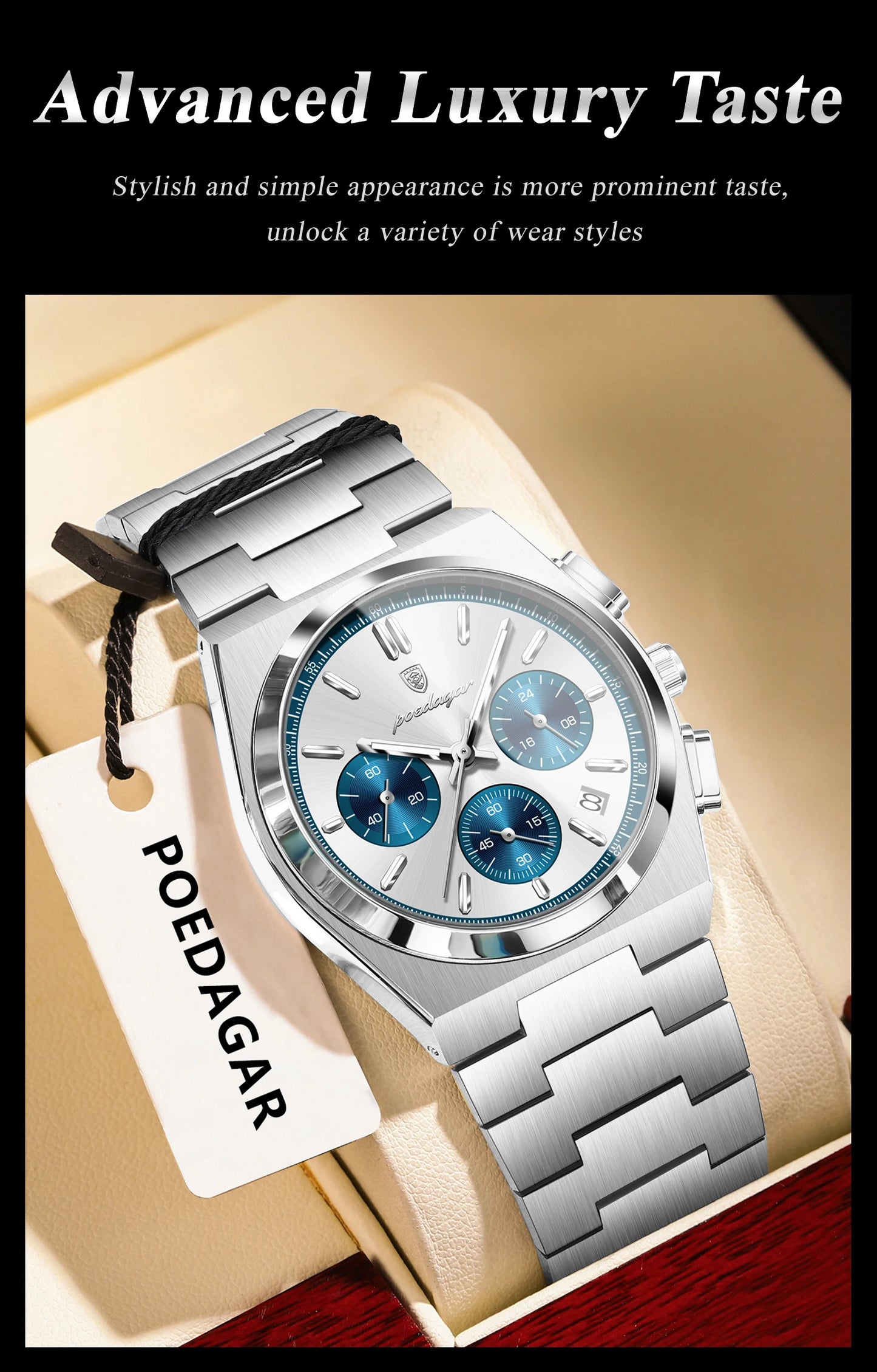 POEDAGAR Fashion Men's Wristwatch Chronograph Date Stainless Steel Quartz Man Clock Waterproof Luminous Business Watches For Men