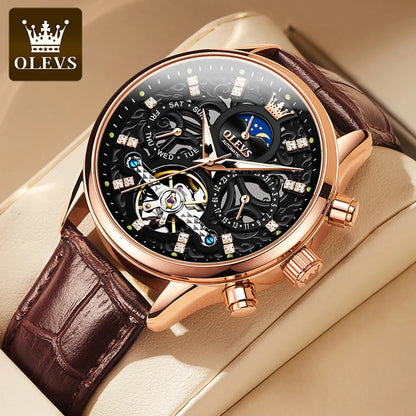 OLEVS 6658 Automatic Mechanical Watch for Man Leather Strap Waterproof Moon Phase Business Dress Men's Watches