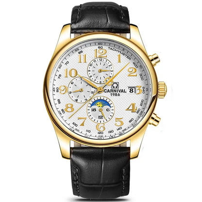 Carnival Brand Automatic Watch, Fashion Luxury Waterproof Calendar with Moon Phase, Mechanical Watches for Men