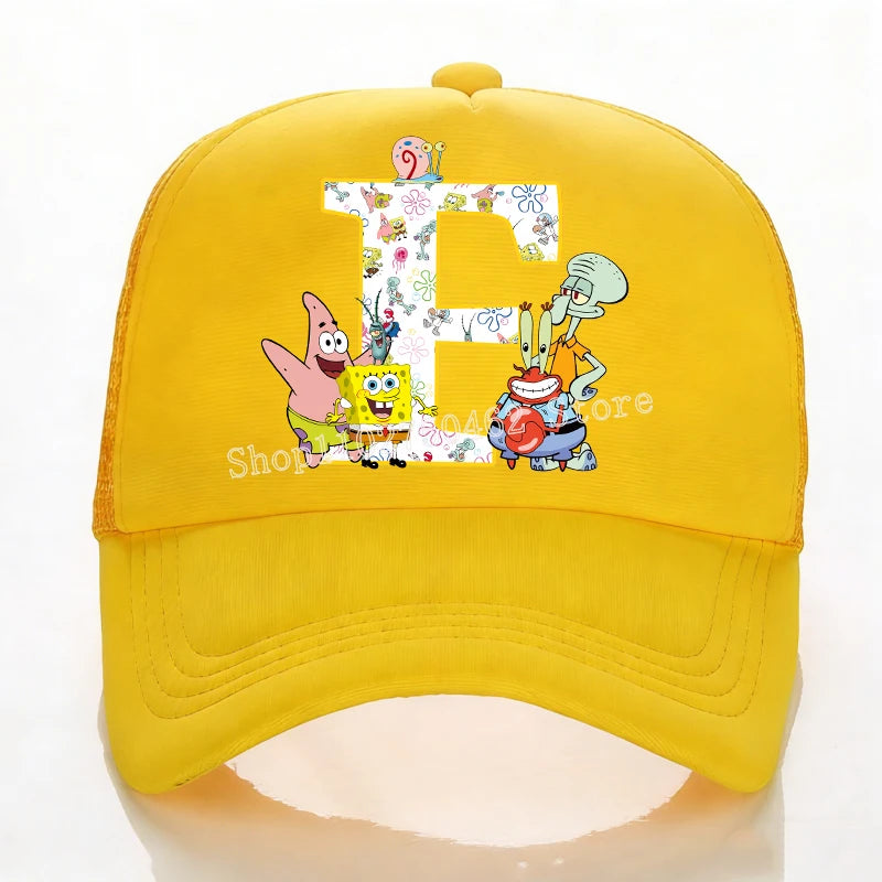 SpongeBobs Baseball Cap Kids Adult Summer Outdoor Sports Sun Hat Child Cute Letter A-Z Sunbonnet Breathable Mesh Headgear Gift