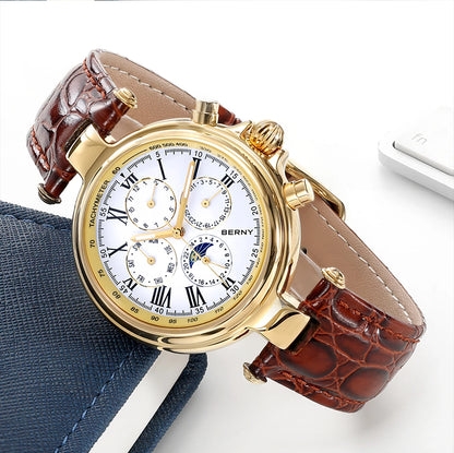 BERNY Classic Dress Automatic Watch for Men Luxury Stainless Steel Mechanical Wristwatch Leather Strap Waterproof Sliver Watches