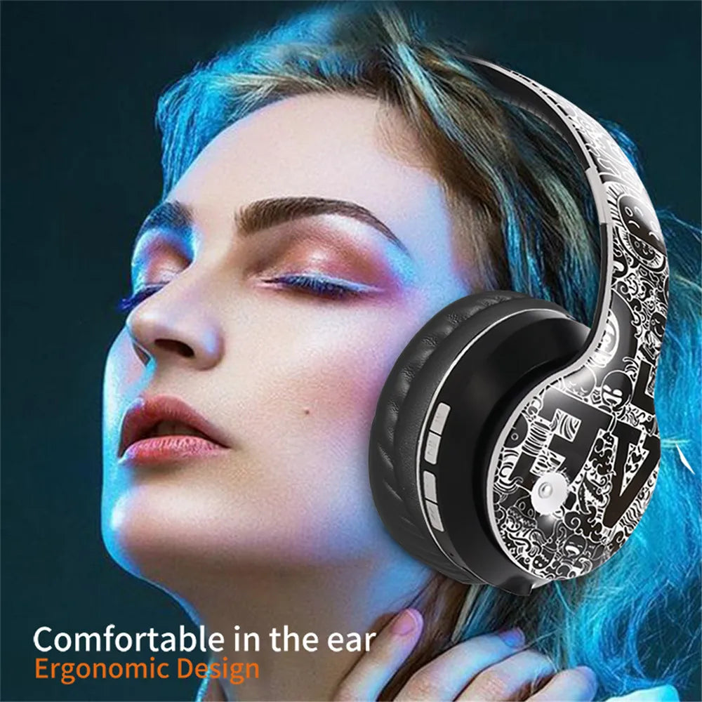 Wireless Bluetooth 5.0 Headphones Over Ear Headset Graffiti Design Foldable Headphone with Mic Hi-Fi Stereo For phone pc laptop