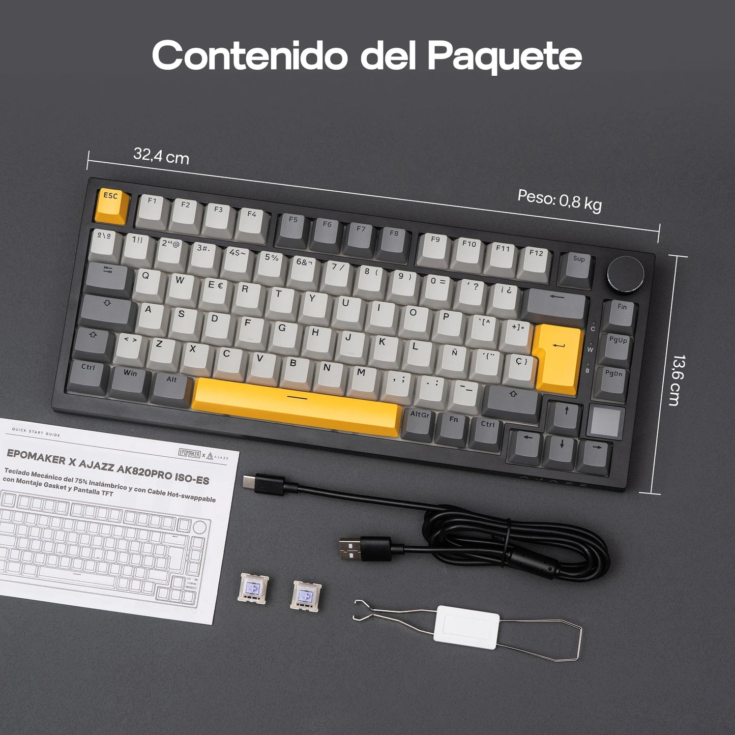 Layout ISO-ES EPOMAKER X AJAZZ AK820 PRO 75% spagnolo, tastiera meccanica cablata/2.4GHz/BT con schermo e manopola per PC/Mac
