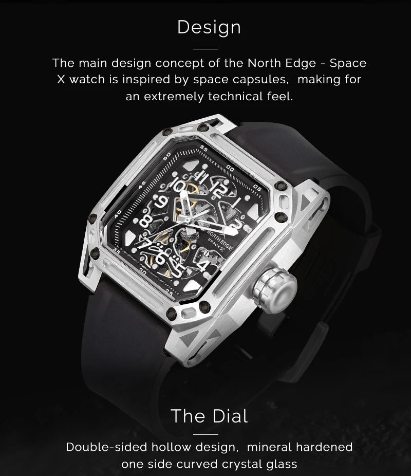NORTH EDGE Men's Mechanical Watches Stainless Steel Skeleton Automatic Watch For Men Waterproof 100M Seagull's Movement Space X