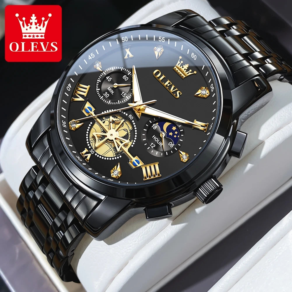 OLEVS Men's Watches Classic Multifunctional Flywheel Chronograph Original Quartz Wristwatch Moon Phase 24 Hour Waterproof Watch