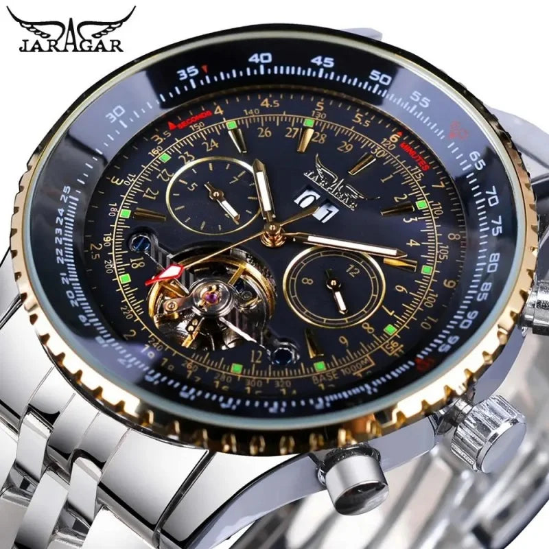 JARAGAR 034 luxus retro automata mechanikus karóra, tourbillon, üreges szkeleton, rozsdamentes acél, heti naptár, férfi karóra