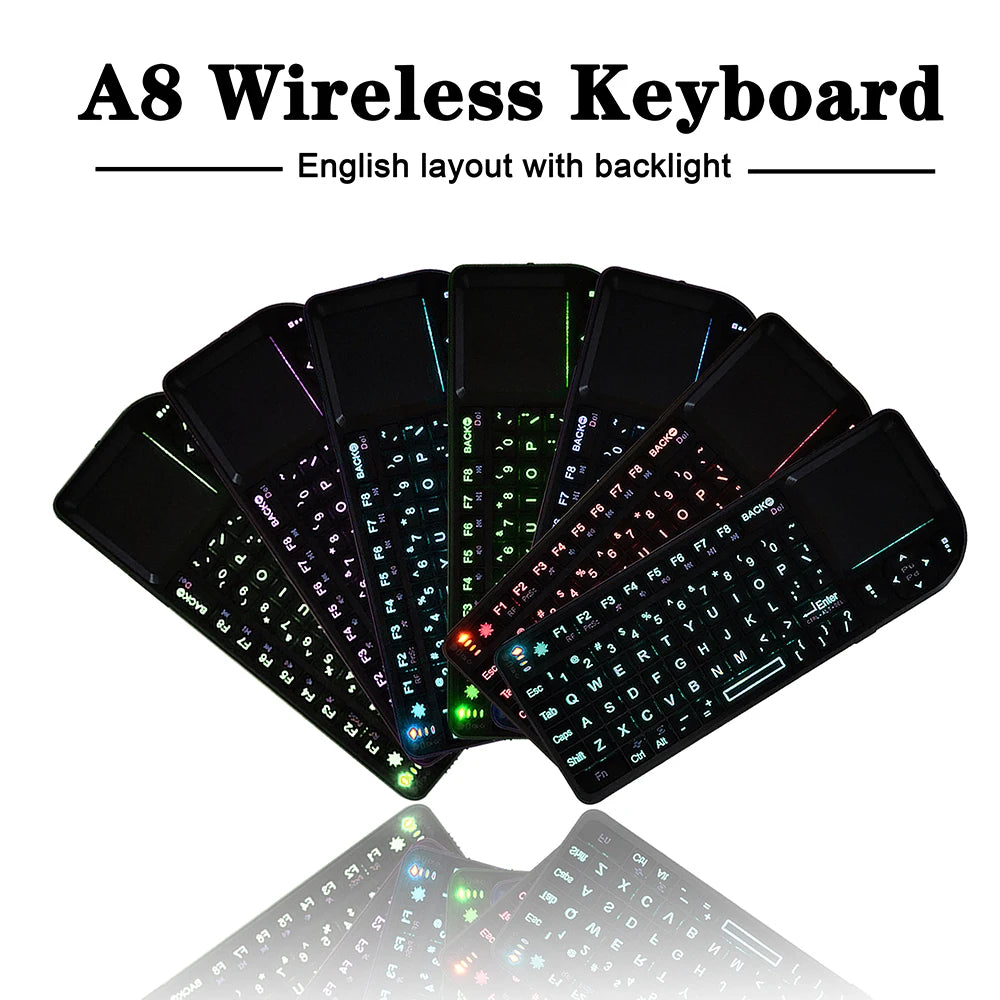 A8 Mini Wireless Keyboard 2.4G 7 Color Backlit 3 in 1 Handheld Keyboard with Touchpad Air Mouse for Android TV Box PC Tablet
