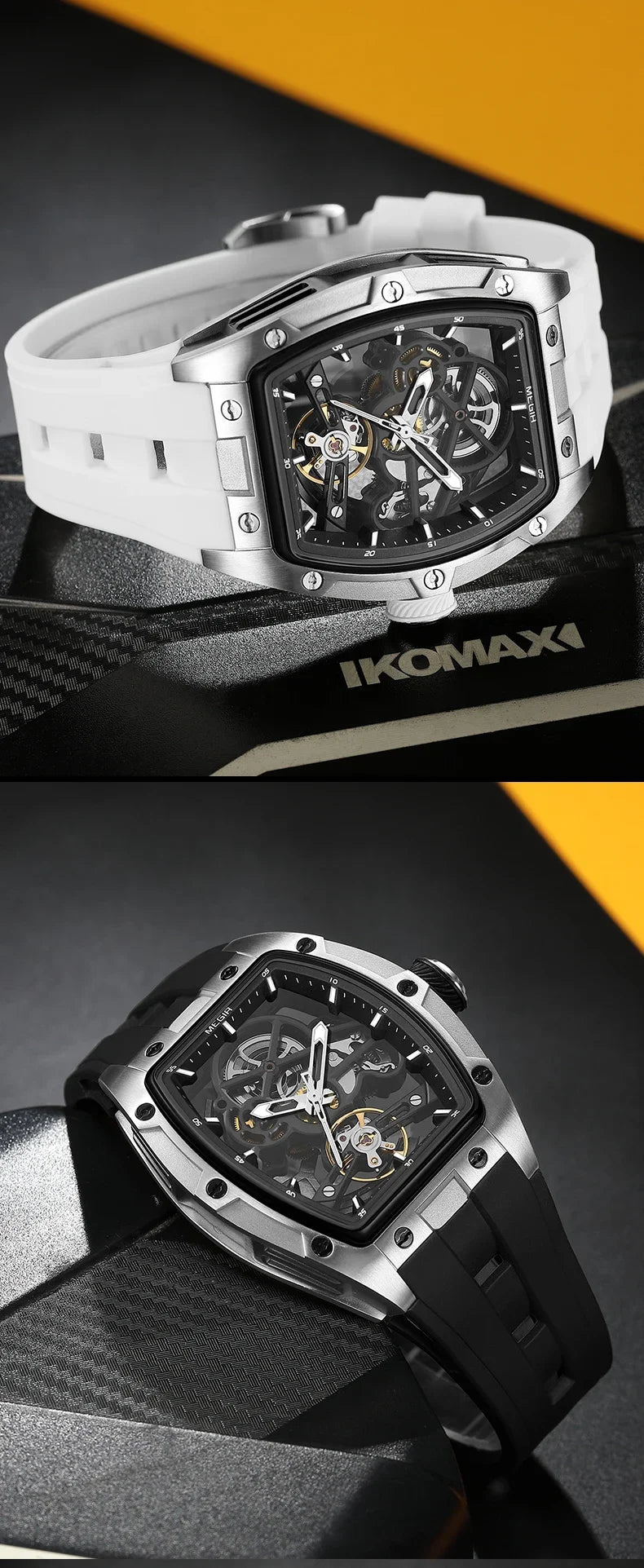 MEGIR Automatic Wristwatch Men Fashion Black Silicone Strap Wateproof Luminous Sport Mechanical Watch with Tonneau Dial 2242