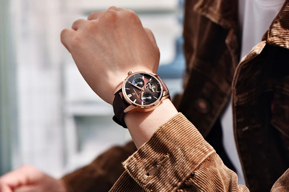PAGANI DESIGN – Mekanisk lyxklocka för män, 41 mm, safirglas, läderarmband, vattentät, pilotstil, med tourbillon och månfas