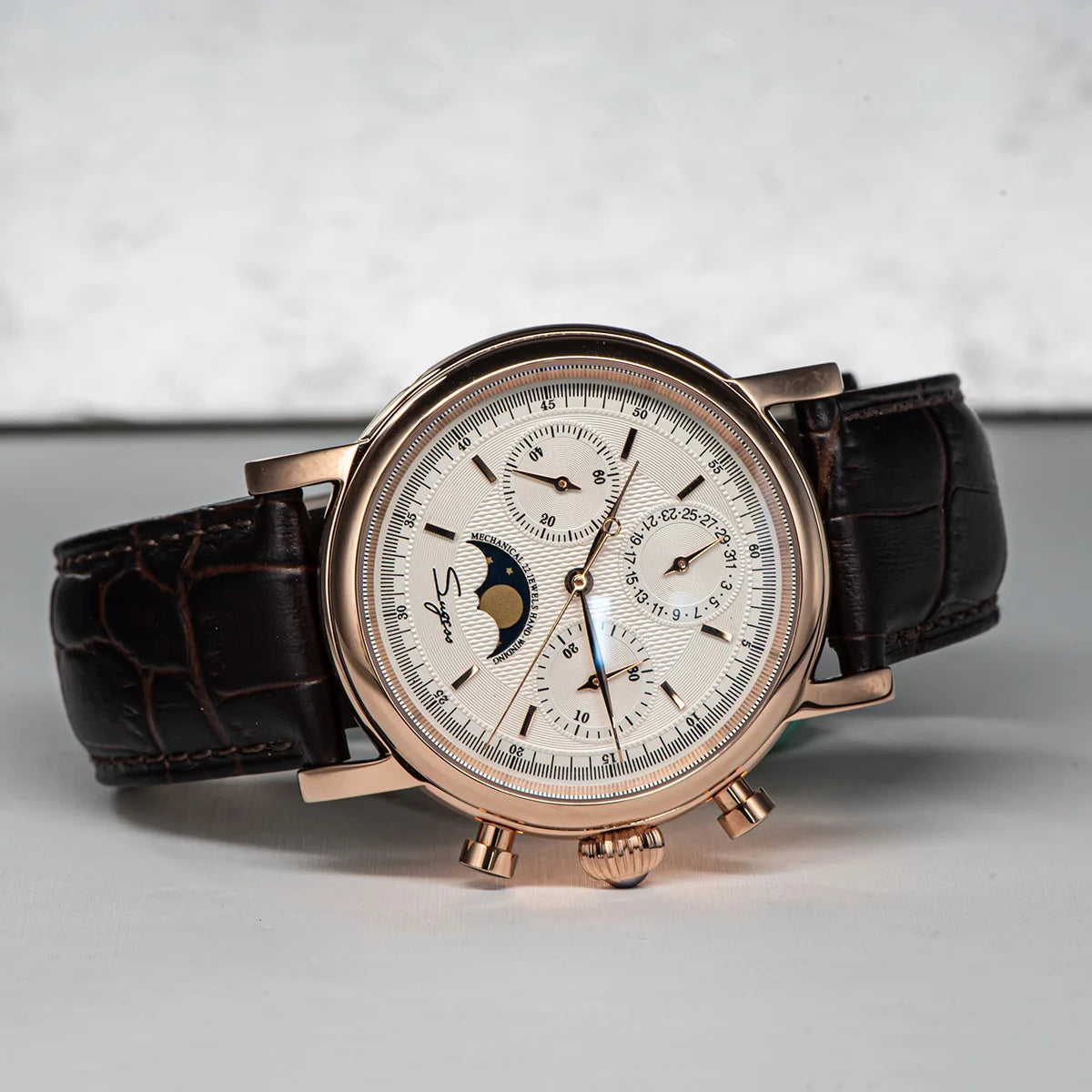 Sugess Men Watch ST1908 Swanneck Movement Mechanical Chronograph Wristwatch Genuine Moonphase Calendar Vintage Leather NEW 2023