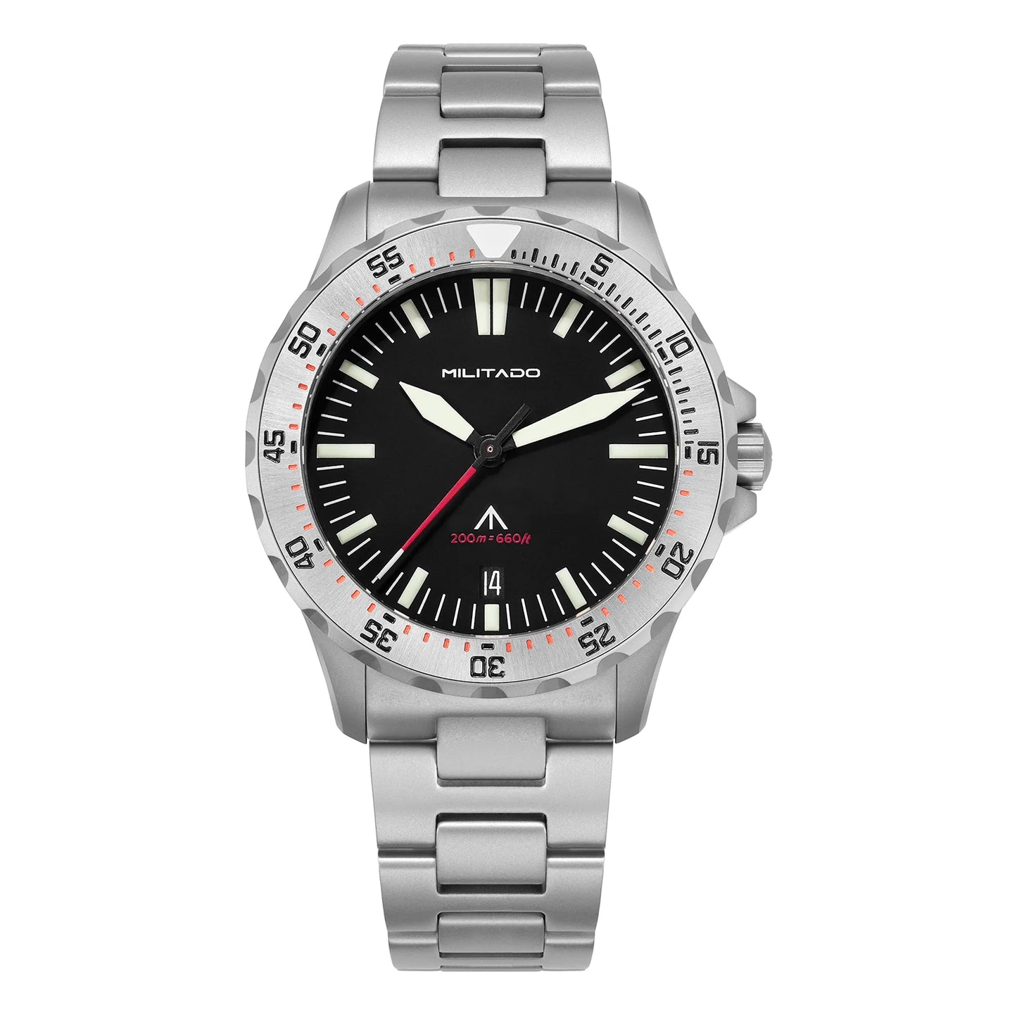 Militado ML16 39mm Quartz Dive Watch Sapphire Crystal 200M Water Resistant Ceramic Bezel BGW9 Lume Screw Down Crown