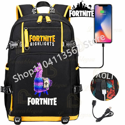Mochila Red Jade F-Fortnited Battle Royale com carregamento USB, figuras anime e compartimento para material escolar para estudantes