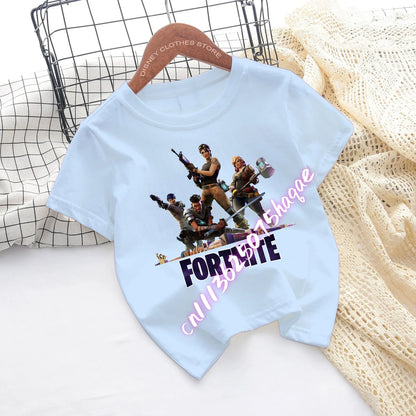 T-shirts de Criança Fortnite com Estampado de Figuras Cartoon do Jogo Fortress Night, Tops de Manga Curta para Verão, Roupa para Rapazes e Raparigas