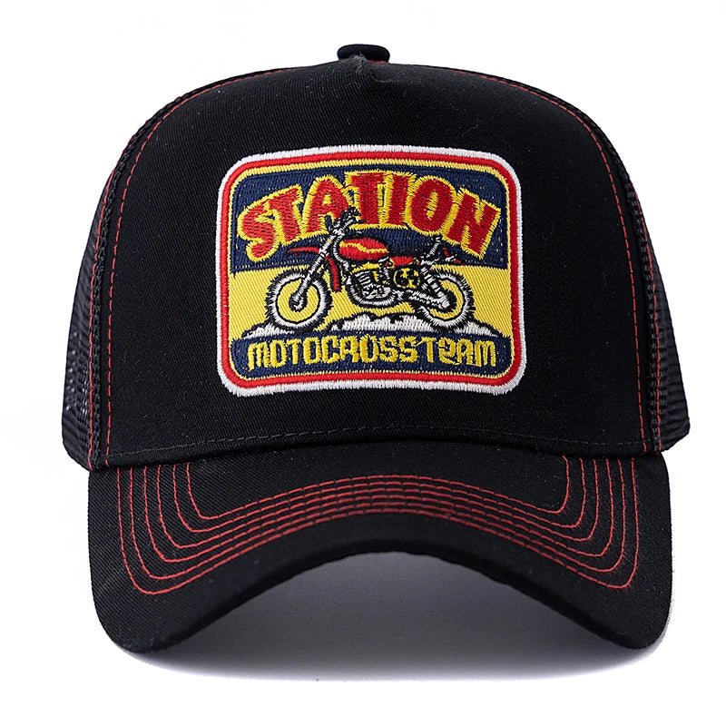 Cappellino da baseball unisex in rete, modello Trucker classico con motivo motociclistico, traspirante, estivo, in stile streetwear per uomo e donna