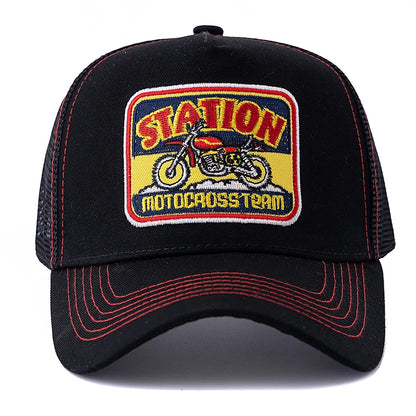 Cappellino da baseball unisex in rete, modello Trucker classico con motivo motociclistico, traspirante, estivo, in stile streetwear per uomo e donna