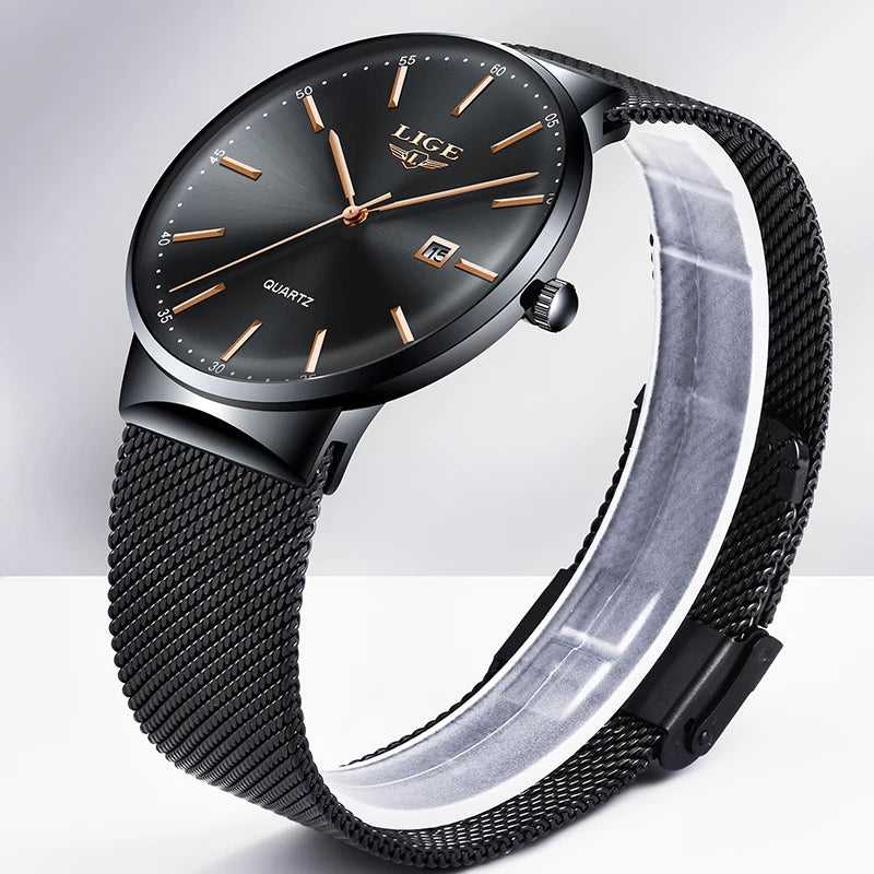 Męski zegarek LIGE, elegancki i luksusowy model, ultracienki, wodoodporny, z bransoletą siatkową, mechanizmem kwarcowym, wyświetlaczem daty i kalendarzem – idealny do profesjonalnego stylu.