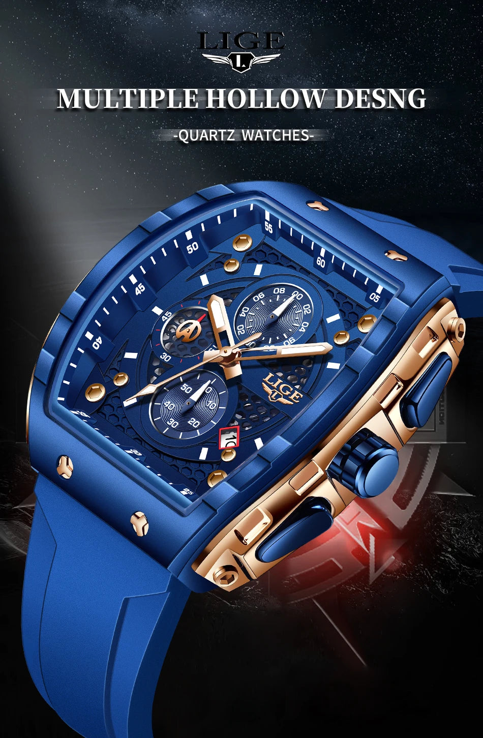 Relógio de Homem LIGE — Moda de Luxo, Impermeável, Bracelete em Silicone, Quartzo, Luminoso, Desportivo, Data Automática e Cronógrafo Simples