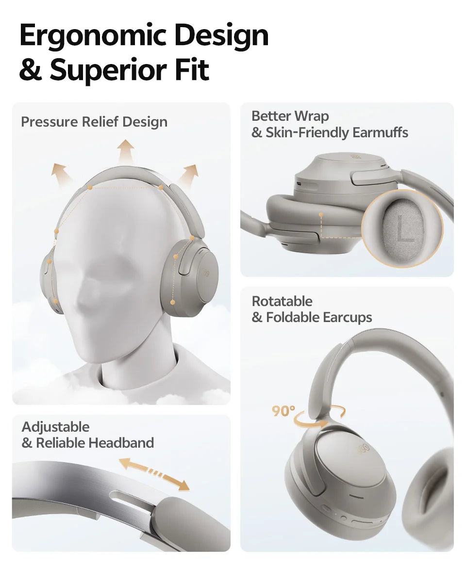 Auscultadores Over-Ear QCY H3S ANC Bluetooth 6.0 – Áudio Espacial Hi-Res LDAC, Cancelamento de Ruído Adaptativo -56dB, Auscultadores Sem Fios