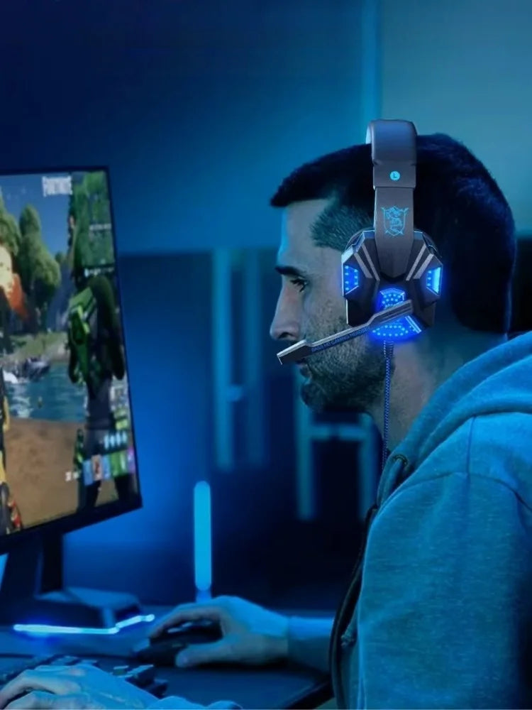 Auscultadores Gaming HOMEFISH SY830MV RGB com Microfone – Auscultadores Gaming Over-Ear com Fio para PC, PS5, Xbox e Nintendo Switch, Headset Esports Leve com Som Surround 3D