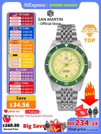San Martin 39.5mm Summer Dive Watch Fashion Fun Fruit Series Men Sports Watches NH35 Automatic Mechanical 20 ATM SN0116 Reloj