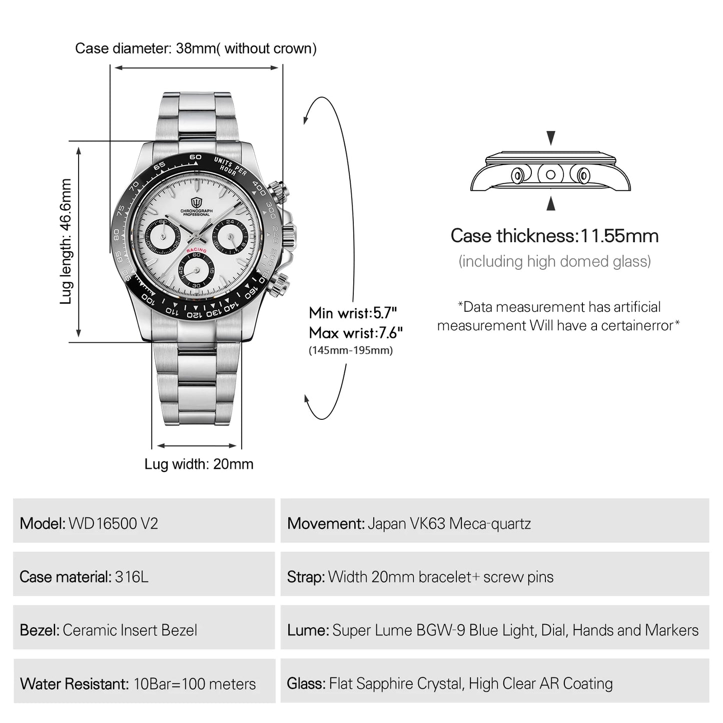 Watchdives WD16500 V2 Men's Watch VK63 Quartz Movement Chronograph Wristwatch Stainless Steel Sapphire Crystal Luminous Watches