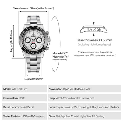 Watchdives WD16500 V2 Men's Watch VK63 Quartz Movement Chronograph Wristwatch Stainless Steel Sapphire Crystal Luminous Watches