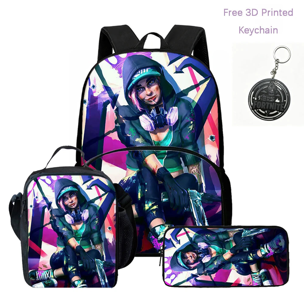 Conjunto FORTNITE leve de 3 peças: mochila com bolso frontal, lancheira e estojo, com porta-chaves 3D impresso grátis, para meninos, meninas e crianças dos 5 aos 10 anos