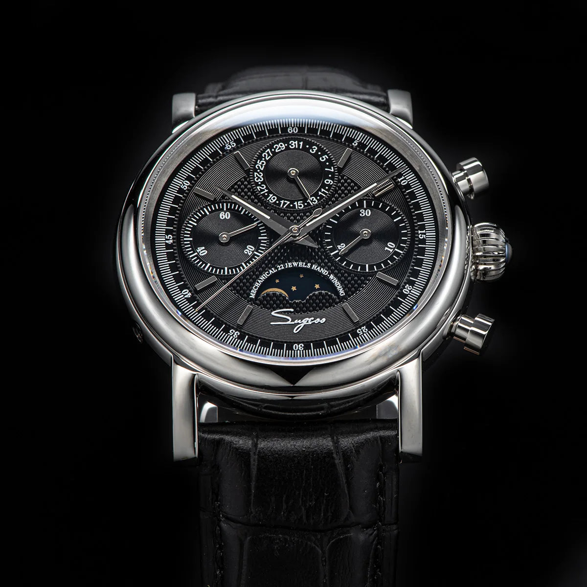 Sugess Men Watch ST1908 Swanneck Movement Mechanical Chronograph Wristwatch Genuine Moonphase Calendar Vintage Leather NEW 2023