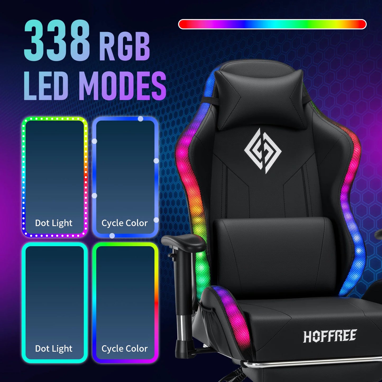 Cadeira Gaming LED para Crianças dos 8 aos 15 Anos, Cadeira Gamer Ajustável com Iluminação LED, Apoio para Pés e Suporte Lombar, Cadeira Ergonómica para PC